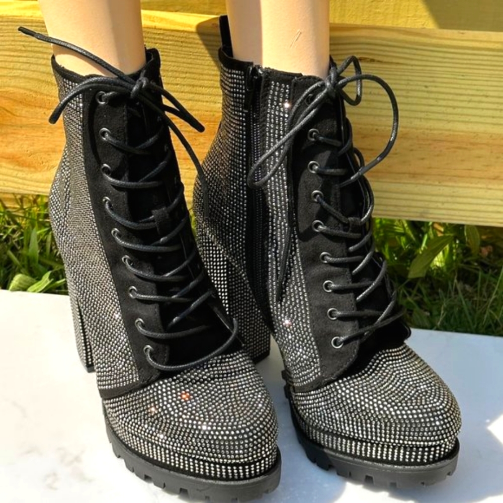 Wild Diva Rhinestones Ankle Bootie With 4 3/4" Block Heels